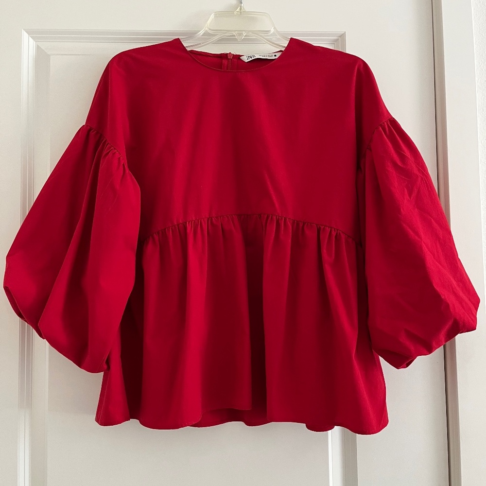Zara Red Ballon Sleeve Shirt - Picture 1 of 2